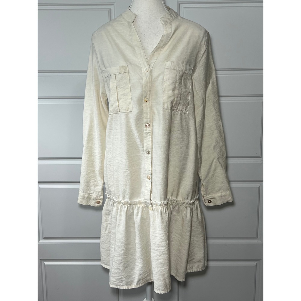 Sacred Threads Cream Textured Button Down Tiered Ruffle Shirt Dress One Size‎